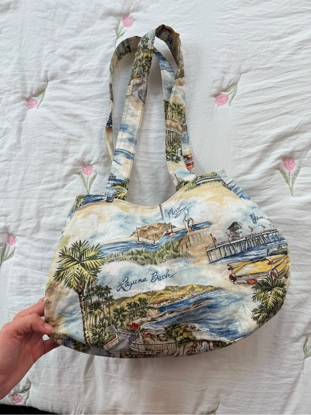 Vintage Scenic Car Print Quilted Beach Summer Tote Bag